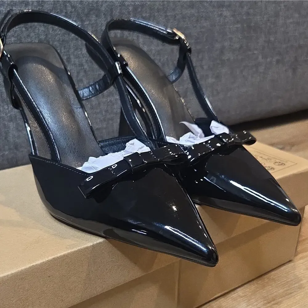 Black Patent Bow Slingback Stiletto Pointed Toe Buckle Heels 6 Women SHIPS FAST